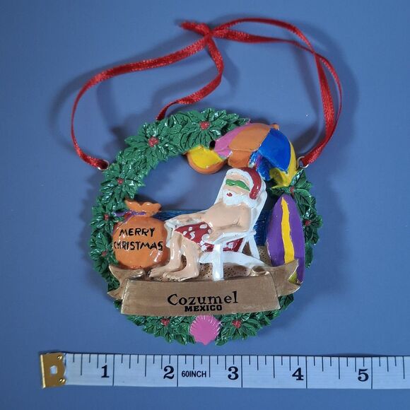 Cozumel Mexico Christmas Hanging Ornament Santa Claus Sunglasses & Umbrella EUC - Picture 2 of 3